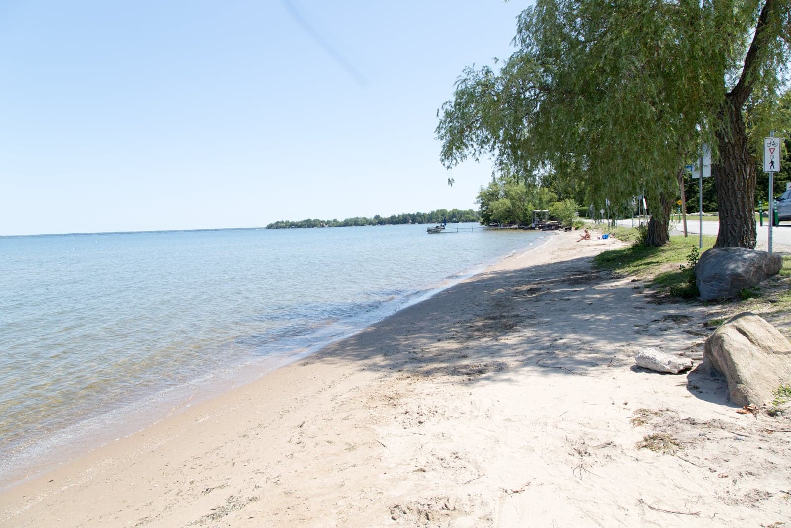 A quiet stretch of sandy shoreline under willow trees at Franklin Beach